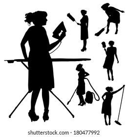 Vector Silhouette Of A Cleaning Lady On A White Background. 