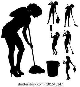 Vector Silhouette Of A Cleaning Lady On A White Background. 