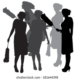Vector silhouette of a cleaning lady on a white background. 