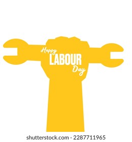 Vector silhouette of clenched fist holding wrench isolated on white background. Labour day and international workers day poster, label, greeting card with hand. 1 may logo design template