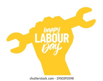 Vector silhouette of clenched fist with wrench, Poster with hand lettering composition of Happy Labour Day 1st of May