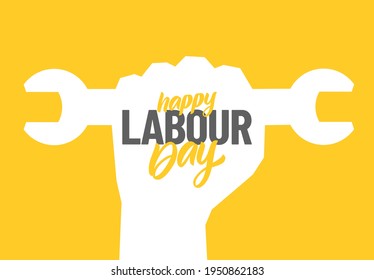 Vector silhouette of clenched fist with wrench, hand lettering composition of Happy Labour Day 1st of May