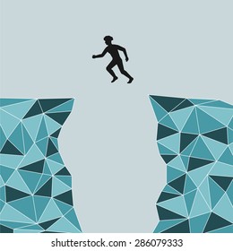 vector silhouette of a climber who jumps over the precipice