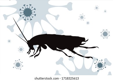 Silueta vectorial de cucaracha sobre fondo con símbolo de virus. Símbolo de enfermedades.