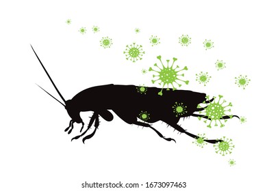 Vector silhouette of cockroach spreading bacteria on white background. Symbol of annoying insect and danger of diseases.