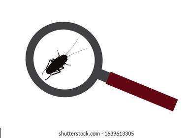 Vector silhouette of cockroach under magnifying glass on white background. Symbol of zoom annoying insect.