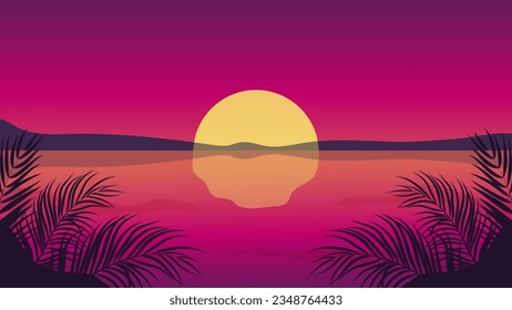 Vector of Silhouette coconut palm trees on beach at sunset. 