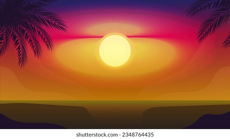 Vector of Silhouette coconut palm trees on beach at sunset. 