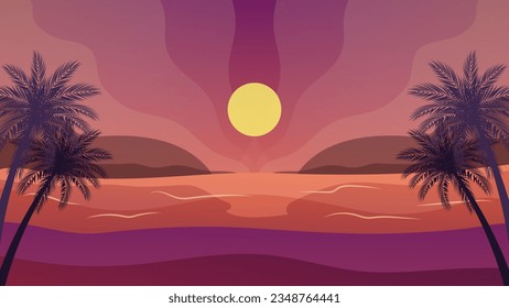 Vector of Silhouette coconut palm trees on beach at sunset. 