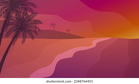 Vector of Silhouette coconut palm trees on beach at sunset. 