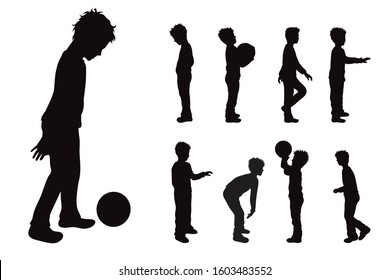 Vector silhouette of collection of boys in different pose on white background. Symbol of child, children, friends, school, student, nursery, childhood.