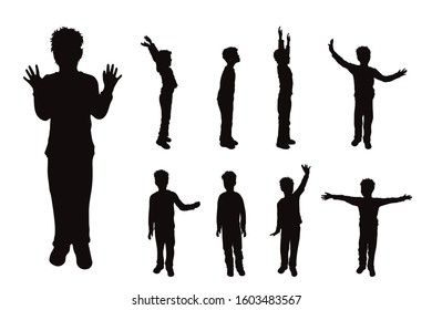 Vector silhouette of collection of boys in different pose on white background. Symbol of child, children, friends, school, student, nursery, childhood.