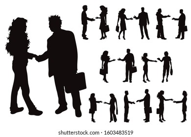 Vector silhouette of collection of business people on white background. Symbol of man, woman, people, business, work, manager, team, meet, handshake.