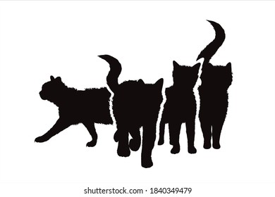 Vector silhouette of collection of cats on white background. Symbol of home animal and pet.
