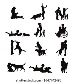Vector silhouette of collection of child play with dog on white background. Symbol of pets and friendship.