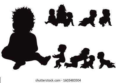 Vector silhouette of collection of children in different pose on white background. Symbol of child, toddler, friends, nursery, childhood, family.