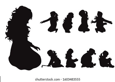 Vector silhouette of collection of children on white background. Symbol of child, children, friends, school, student, boy, girl, nursery, childhood.