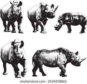 Vector Silhouette Collection: Clean and Bold Designs Set of  Black Rhinoceros Isolated on a White Background.