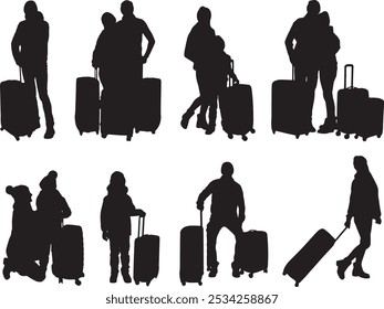 Vector Silhouette Collection: Clean and Bold Designs Set of people in warm clothes with suitcases on white background.