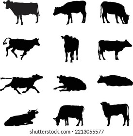 A vector silhouette collection of cows for artwork compositions.