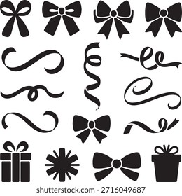 colección de la silueta del Vector de los lazos decorativos del regalo, de las cintas rizadas, de las florituras, y de los iconos presentes. Ideal para envolver fiestas, celebraciones, tarjetas de felicitación y decoraciones de fiestas.