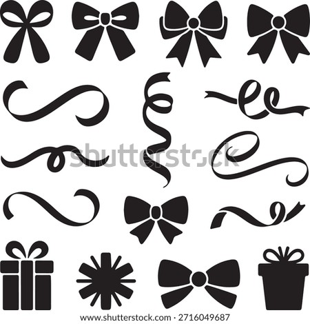 Vector silhouette collection of decorative gift bows, curly ribbons, flourishes, and present icons. Ideal for holiday wrapping, celebrations, greeting cards, and party decorations.