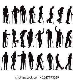 Silueta vectorial de colección de personas discapacitadas. Símbolo de hombre y mujer con muletas.