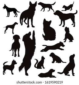 Vector silhouette of collection of dogs and cats on a white background. Symbol of home animal.