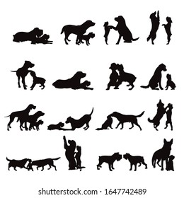 Vector silhouette of collection of dogs play together on white background. Symbol of pets and friendship.