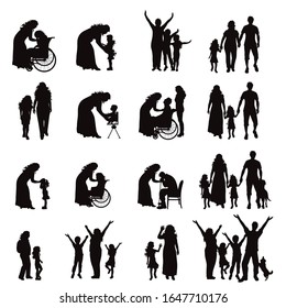 Vector silhouette of collection of family in different pose on white background. Symbol maternity and upbringing.