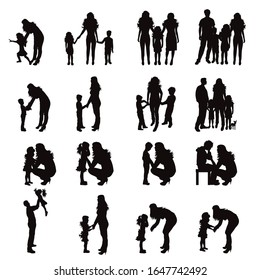 Vector silhouette of collection of family in different pose on white background. Symbol maternity and upbringing.