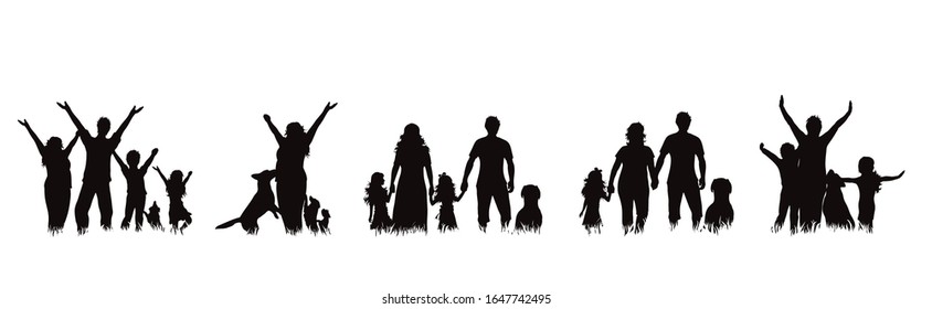 Vector silhouette of collection of family in different pose in the grass on white background. Symbol maternity and upbringing.