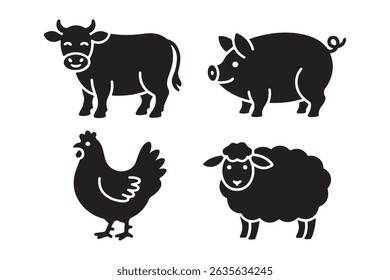 A vector silhouette collection of farm animals including cow, pig, bull, sheep, goat, and chicken, perfect for agricultural designs
