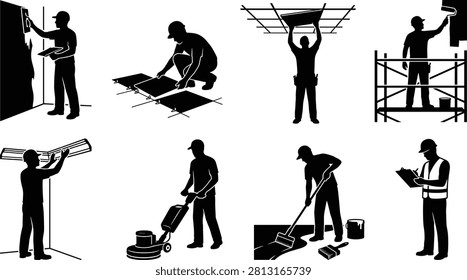 A vector silhouette collection featuring construction workers performing interior finishing tasks including painting, flooring installation, ceiling panel fitting, surface preparation, floor polishing, coating, and site inspection. Ideal for renovation, construction, interior design, maintenance, and contractor-related commercial projects.