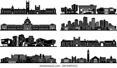Vector silhouette collection featuring university campuses, academic institutions, research facilities, educational centers, and collegiate architecture in diverse architectural styles. Ideal for education branding, university marketing, campus publications, presentations, and academic design projects.