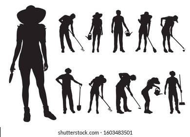 Vector silhouette of collection of gardener with different tools on white background. Symbol of girl, boy, work, people, field.