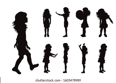 Vector silhouette of collection of girls in different pose on white background. Symbol of child, children, friends, school, student, nursery, childhood.