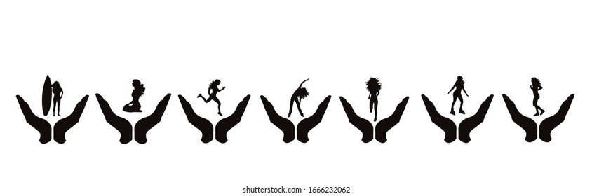 Vector silhouette of collection of hand in protective gesture with people on white background. Symbol of care.
