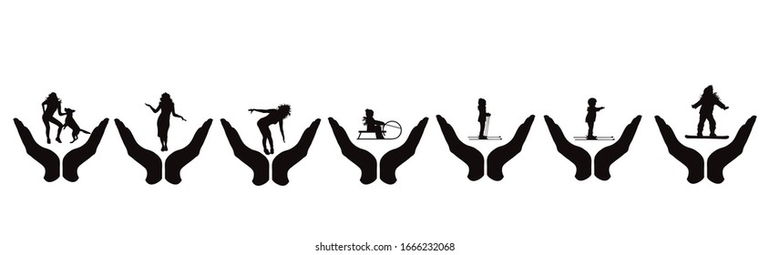Vector silhouette of collection of hand in protective gesture with people on white background. Symbol of care.