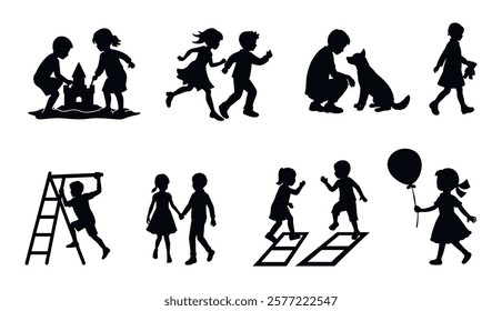 Vector silhouette collection of kids in various joyful activities. playing, jumping, running, walking, play with pets, Different moments of children's vector illustration on white background