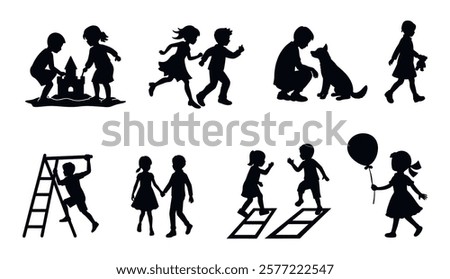 Vector silhouette collection of kids in various joyful activities. playing, jumping, running, walking, play with pets, Different moments of children's vector illustration on white background