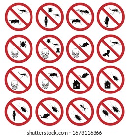 Vector silhouette of collection no insect mark on white background. Symbol of stop annoying insect and protection.
