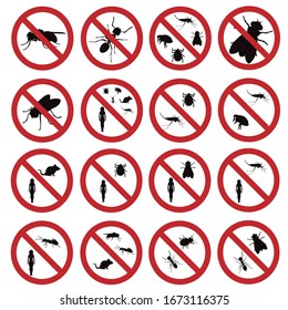 Vector silhouette of collection no insect mark on white background. Symbol of stop annoying insect and protection.