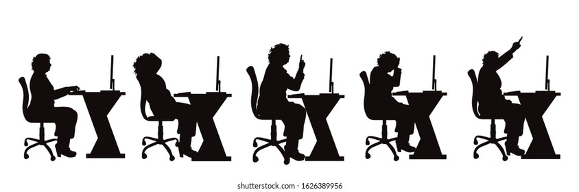 Vector silhouette of collection of obese middle age woman sitting behind the desk on white background.