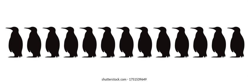 Vector silhouette of collection of penguins on white background. Symbol of Arctic animals.