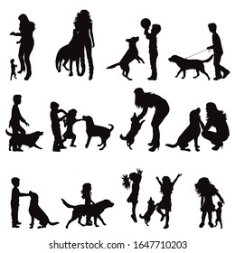 Vector silhouette of collection of people plays with dog on white background. Symbol of pets and friendship.