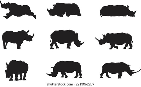A vector silhouette collection of Rhinos for artwork compositions.