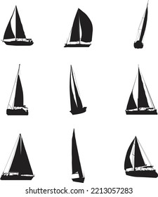 A vector silhouette collection of sail boats for artwork compositions.