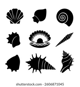 Vector silhouette collection of sea shells and pearl shell isolated on white background 
