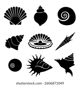 Vector silhouette collection of sea shells and pearl shell isolated on white background 